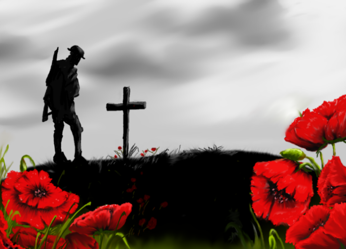 A soldier stands solemnly by a cross, surrounded by vivid red poppies under a cloudy sky, signifying remembrance and sacrifice—a poignant contrast to the calm of civilian life.