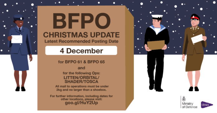 Illustration of military personnel with a BFPO Christmas update banner, emphasizing December 4 as the posting date. Includes details on package size and weight limits, reminding veterans and those transitioning to Civvy Street of timely preparations for sending holiday cheer.