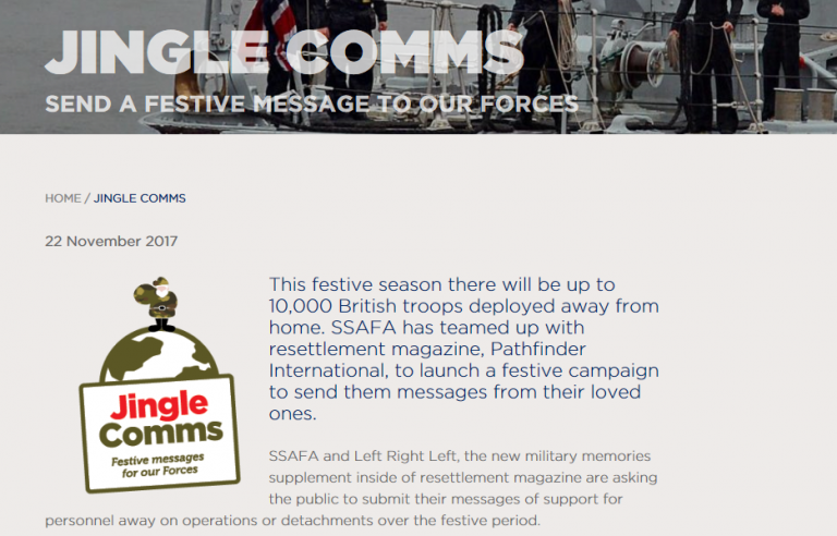 Webpage titled "Jingle Comms" promotes a campaign to send festive messages to British troops, aiding their resettlement into Civvy Street. Includes SSAFA logo and campaign details.