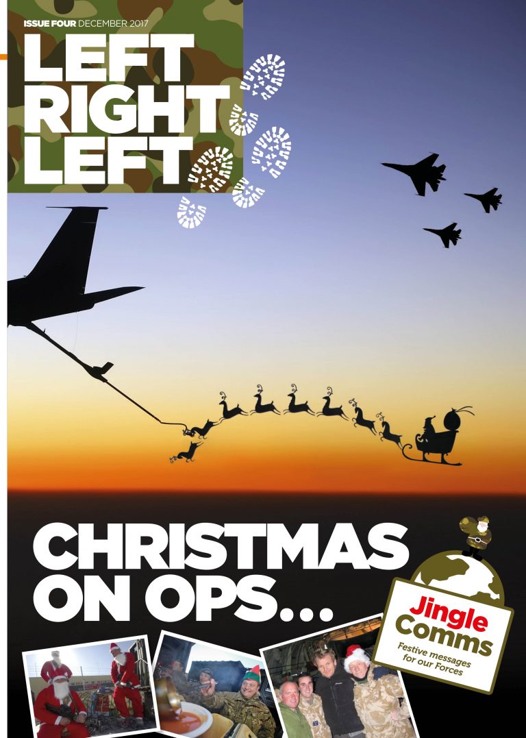Magazine cover showcasing military aircraft with a sleigh silhouette, soldiers in festive attire, and the title "Christmas on Ops" adorned with a "Jingle Comms" sticker. A nod to veterans transitioning to Civvy Street adds a heartfelt touch.