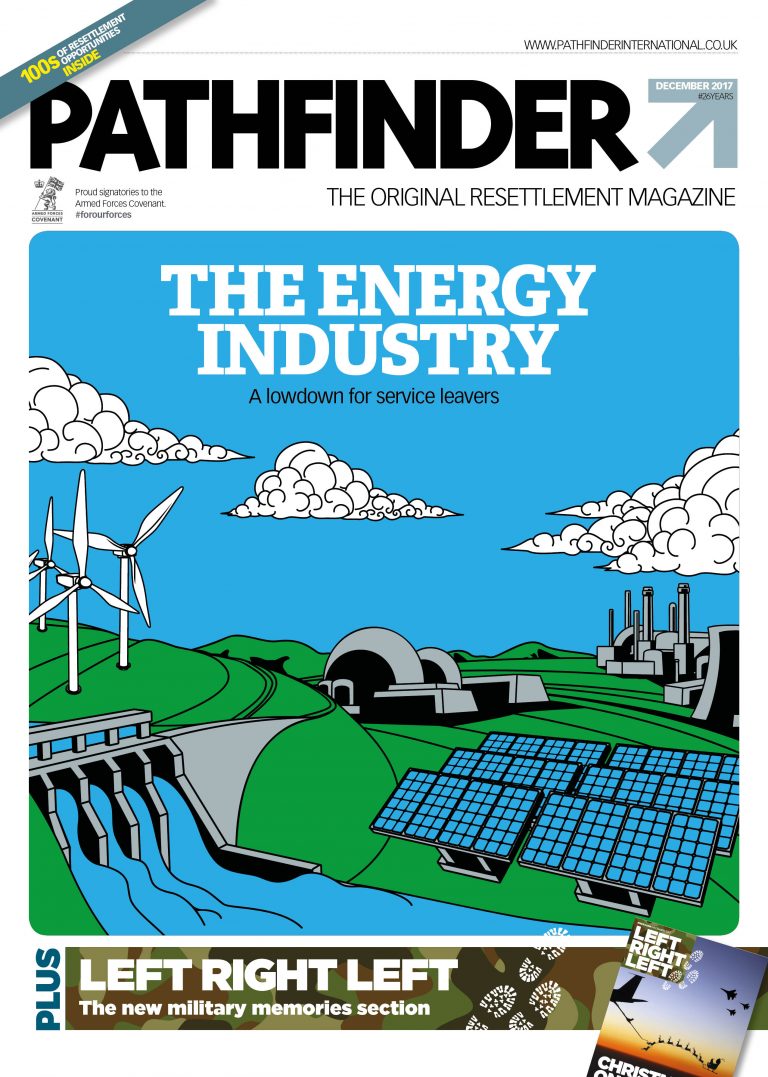 Magazine cover titled "Pathfinder: The Energy Industry." Features illustrations of wind turbines, solar panels, and an industrial plant. Includes text "Left Right Left: The new military memories section" and insights on resettlement for veterans transitioning to Civvy Street.
