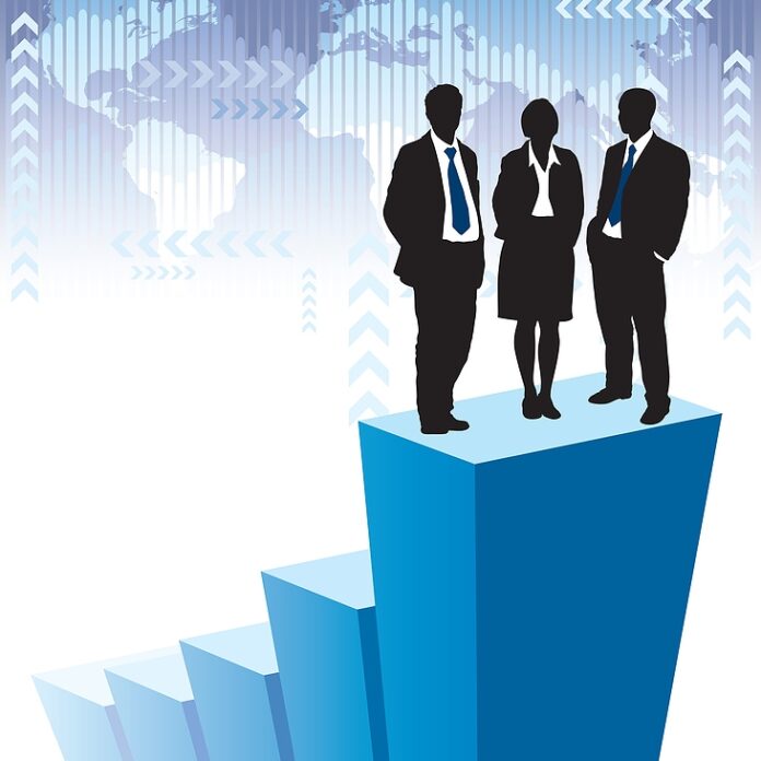 Silhouettes of three business people, including a veteran transitioning to Civvy Street, stand on elevated blue steps against a backdrop of a world map and upward arrows.