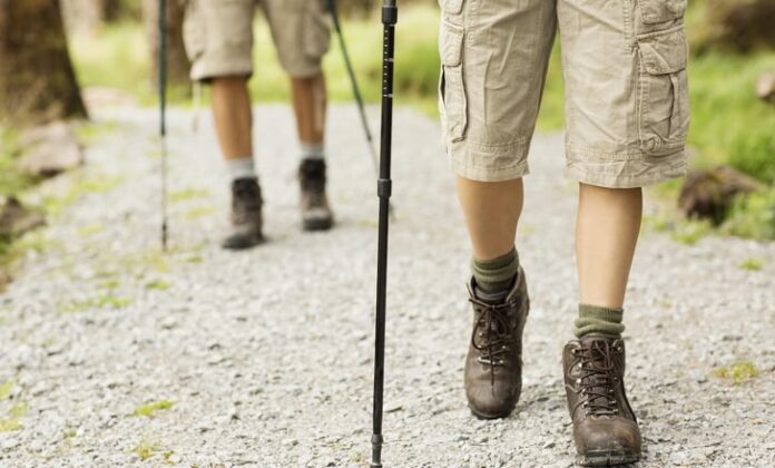 Two people are hiking on a gravel path, wearing shorts and boots, using trekking poles, enjoying the tranquility of resettlement in nature.