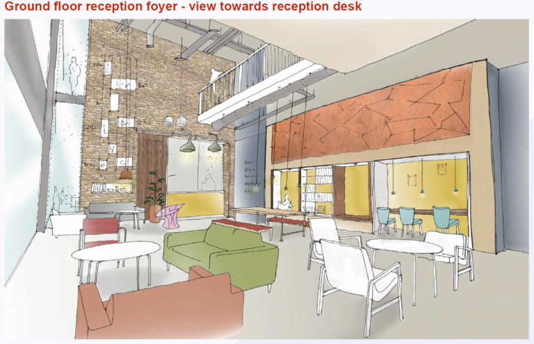 Illustration of a modern reception foyer, seamlessly blending Civvy Street elegance with comfortable seating, a welcoming reception desk, and decorative elements gracing the walls and ceiling.