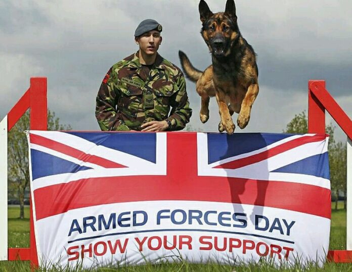 A soldier in camouflage and beret stands proudly next to a German Shepherd as it leaps over an 