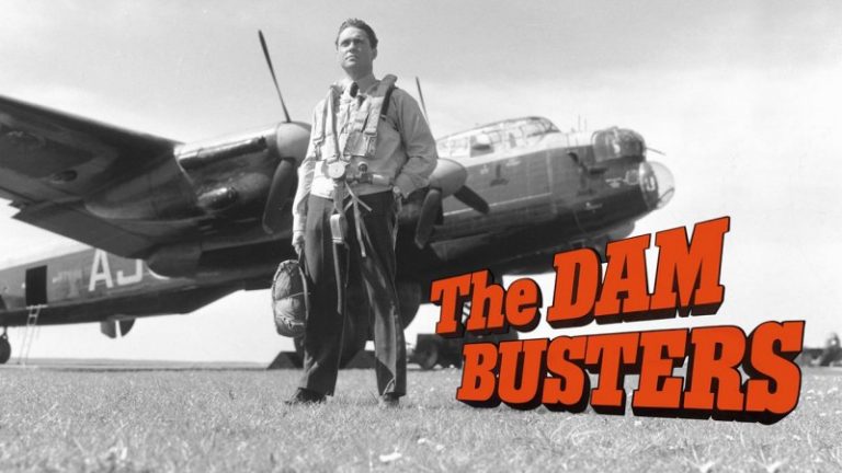 A veteran stands in front of a large military aircraft on grass, poised to transition to Civvy Street. The text "The Dam Busters" is prominently displayed in bold red letters.