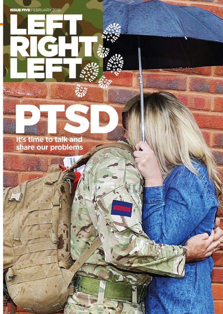 A soldier in uniform embraces a person under an umbrella against a brick wall. Text reads "PTSD: It’s time for veterans to talk and share our problems as we navigate Civvy Street.