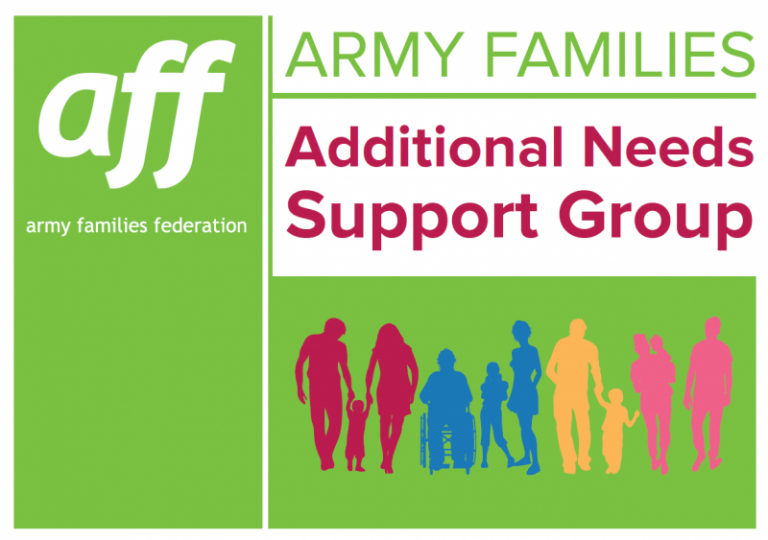 Green and white Army Families Federation logo featuring silhouettes of diverse families in various colors, symbolizing the Additional Needs Support Group and supporting veteran resettlement into Civvy Street.