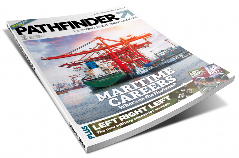 Magazine cover titled "Pathfinder," featuring cranes and cargo ships at a port. Headline: "Maritime Careers: What's on the Horizon for Veterans Resettling into Civvy Street?