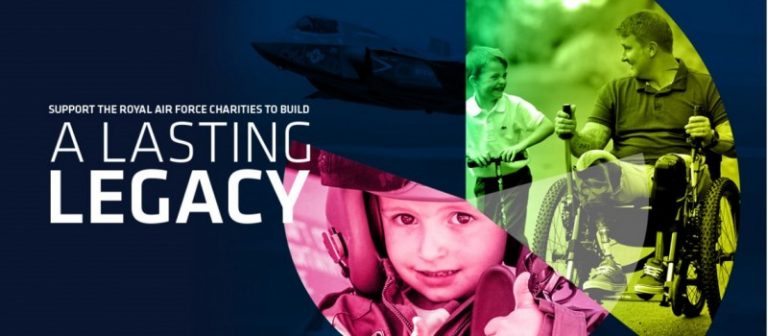 Promotional image for Royal Air Force charities, showcasing a child in flight gear, a modern aircraft, and a veteran in a wheelchair with a young girl. Text reads: "Support Veterans' Resettlement to Build a Lasting Legacy.