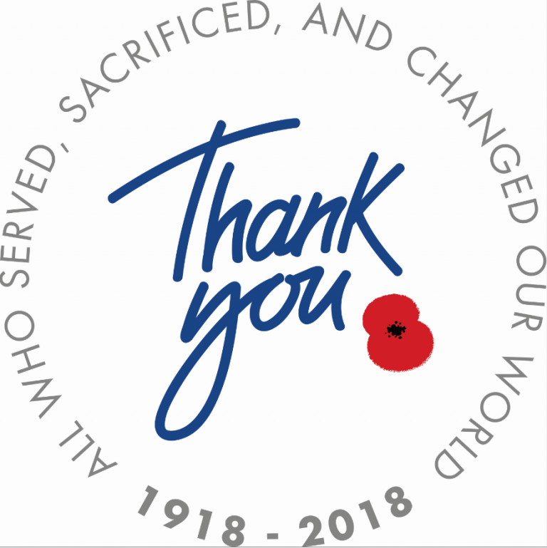 Circular text reading "ALL WHO SERVED, SACRIFICED, AND CHANGED OUR WORLD 1918-2018" surrounds "Thank you" with a red poppy, honoring veterans as they transition from service to Civvy Street.