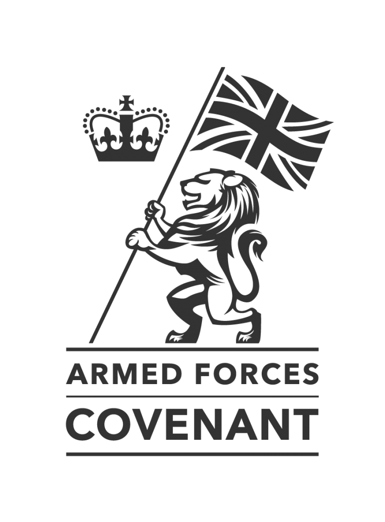 The logo of the Armed Forces Covenant features a lion holding a Union Jack flag with a crown above, symbolizing the commitment to support veterans as they transition back to Civvy Street.