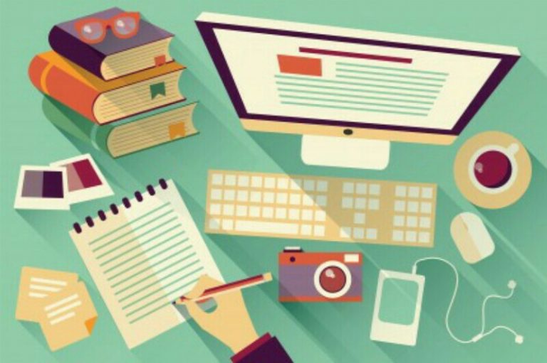 Illustration of a desk with a computer, keyboard, notepad, books, camera, coffee cup, smartphone, and earphones. A hand is writing on the notepad during the resettlement process from military life to Civvy Street.
