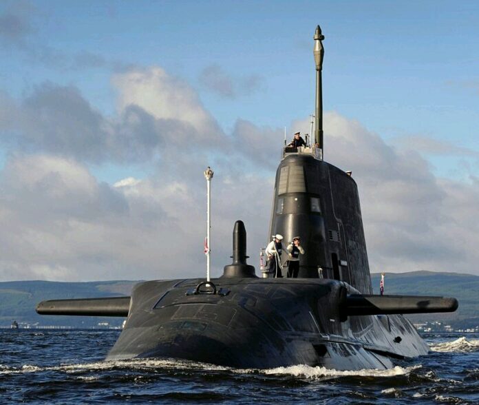 A submarine partially emerges from the water, with a few veteran crew members on deck, against a backdrop of distant hills and blue sky, contemplating life beyond the waves on Civvy Street.