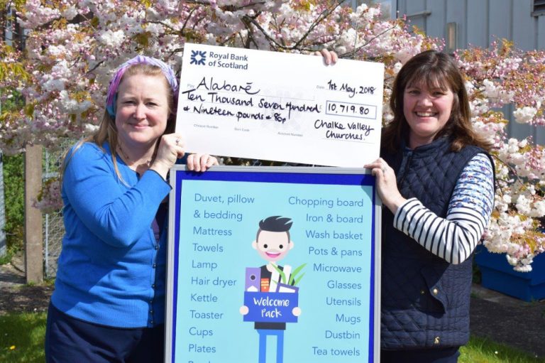 Two women hold a large check for £10,719.80 from the Royal Bank of Scotland in front of a blossoming tree. A sign with household items listed is next to them, highlighting the support for Army resettlement programs.