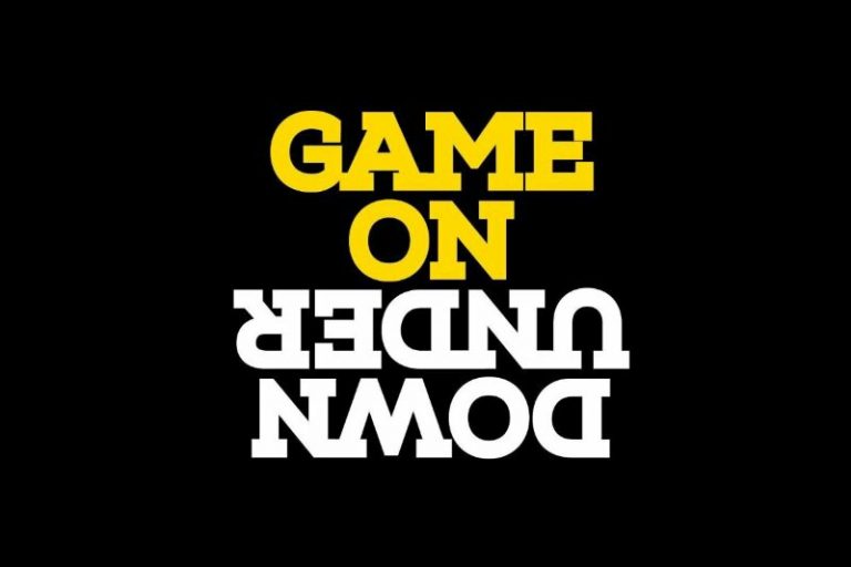 Text on a black background reads "GAME ON" in yellow, reminiscent of a pathfinder's challenge, and "DOWN UNDER," evocative of a veteran's experience in the Royal Navy, upside down in white.