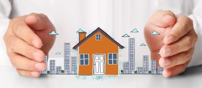 Hands encircle a small house illustration, surrounded by cartoon skyscrapers and clouds, symbolizing protection and security, much like a pathfinder guiding the way to resettlement.