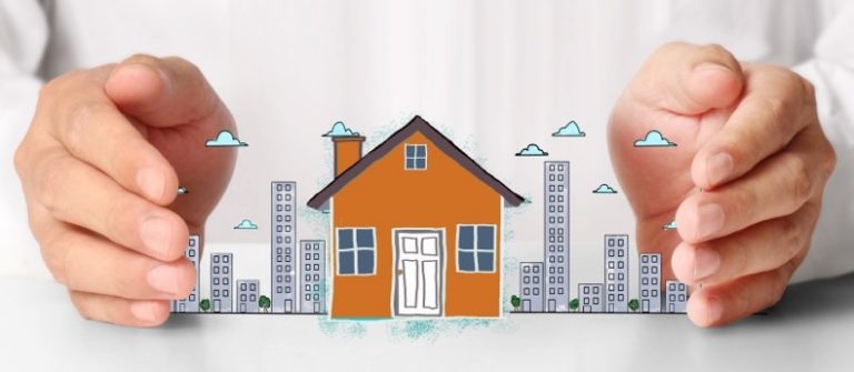 Hands encircle a small house illustration, surrounded by cartoon skyscrapers and clouds, symbolizing protection and security, much like a pathfinder guiding the way to resettlement.