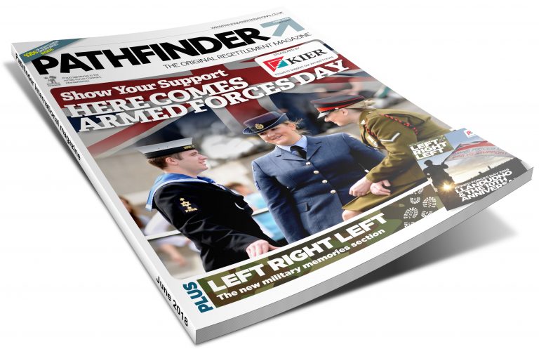 A magazine cover titled "Pathfinder" showcases an article called "Here Comes Armed Forces Day," featuring an image of military personnel, including the Royal Navy.