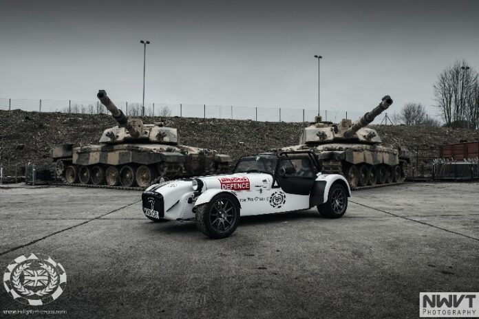 A white sports car with Pathfinder logos is parked in front of two camouflaged military tanks on a cloudy day, reflecting the adventurous spirit and precision associated with the Royal Navy.
