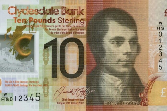 The Clydesdale Bank £10 note showcases an image of Robert Burns, complemented by advanced security features and a signature. This design pays subtle homage to veterans like those from the Royal Navy, who have safeguarded the nation's heritage.