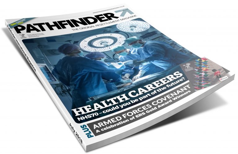 A magazine titled "Pathfinder" features an operating room scene. Cover highlights include NHS health careers, Veteran resettlement opportunities, and Armed Forces Covenant awards.