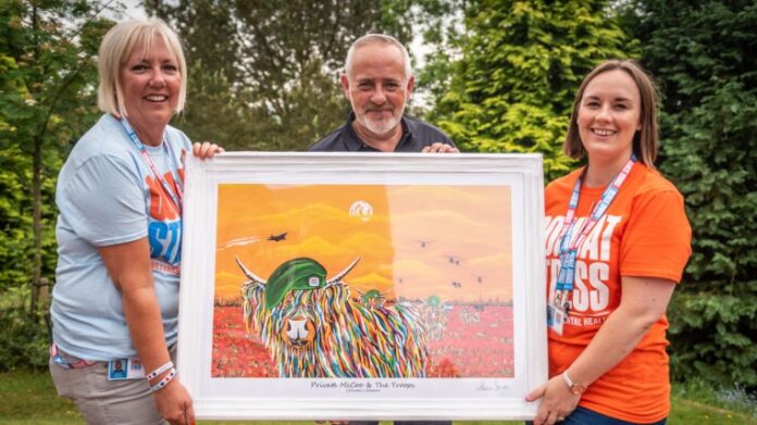 Three people proudly hold a colorful framed painting of a Highland cow wearing a beret, with helicopters and a sunset captivating the background, evoking the spirit of a pathfinder charting new paths.