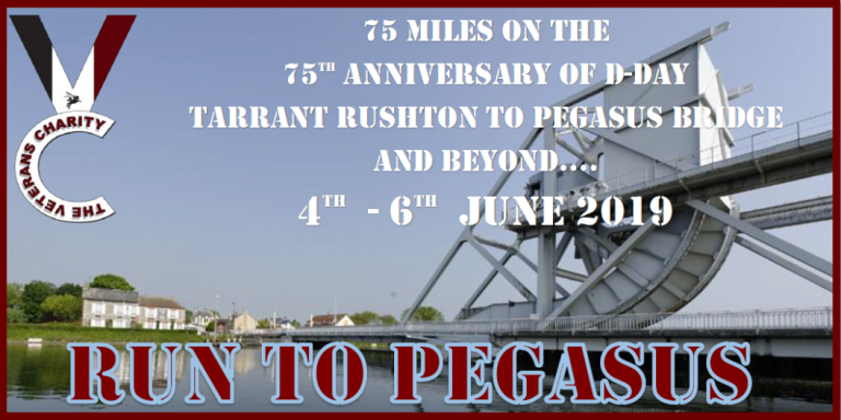 Promotional graphic for "Run to Pegasus" event, marking the 75th anniversary of D-Day, from Tarrant Rushton to Pegasus Bridge, held June 4-6, 2019. Features an image of Pegasus Bridge and pays tribute to the brave pathfinders who paved the way on that historic day.