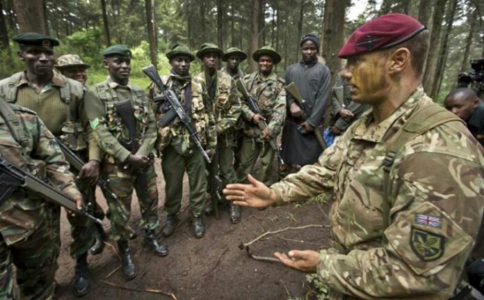 A group of soldiers in camouflage uniforms stand in a forest, attentively listening to a man in a British military uniform gesturing with his hands. Their mission involves counter-poaching operations bolstered by new funding, aiming to protect the wildlife from illegal hunting activities.