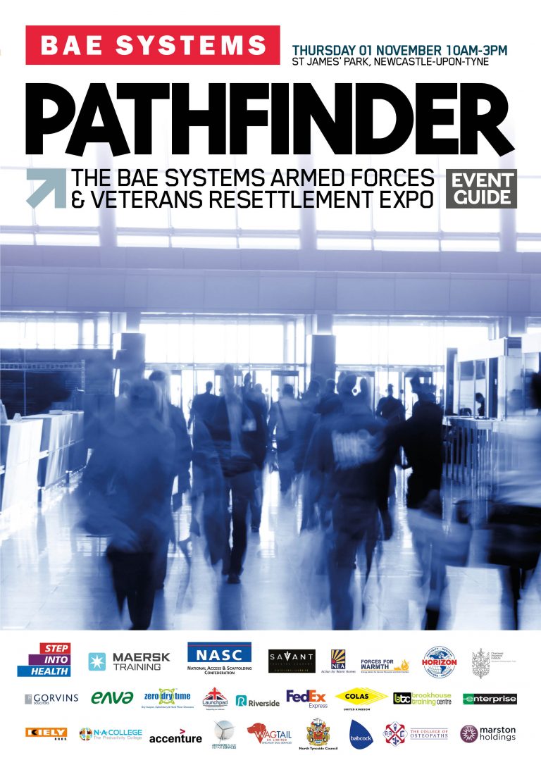 Poster for the BAE Systems Armed Forces & Veterans Resettlement Expo, titled "Pathfinder," featuring sponsor logos and event details at the top.