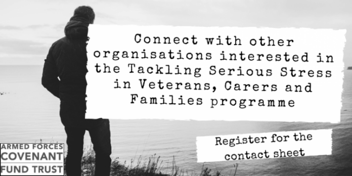 Silhouette of a person by the sea with text about connecting organizations interested in the Tackling Serious Stress in Veterans, Carers, and Families program. Discover new collaborations to address serious stress. Register for the contact sheet.