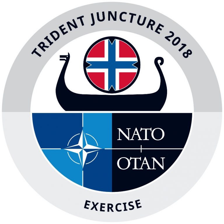 Logo of Trident Juncture 2018 showcases a Viking ship with a flag and NATO emblem, emphasizing "TRIDENT JUNCTURE 2018 NATO OTAN EXERCISE." This symbol represents the combat-ready spirit, highlighting contributions like those of UK troops.