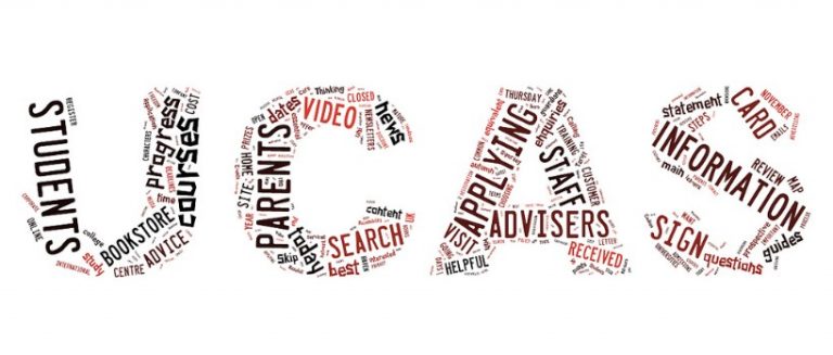 A word cloud shaping "UCAS" features terms such as students, courses, and parents. It highlights University Application Guidance with informative keywords like advisers and applying, offering indispensable insights for service families navigating the university application journey.