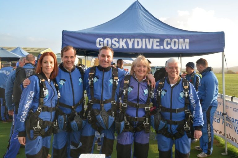 A group in blue jumpsuits and parachute harnesses stands poised for an exhilarating skydive, gathered in front of a 'GoSkydive.com' tent during the Remembrance Weekend.