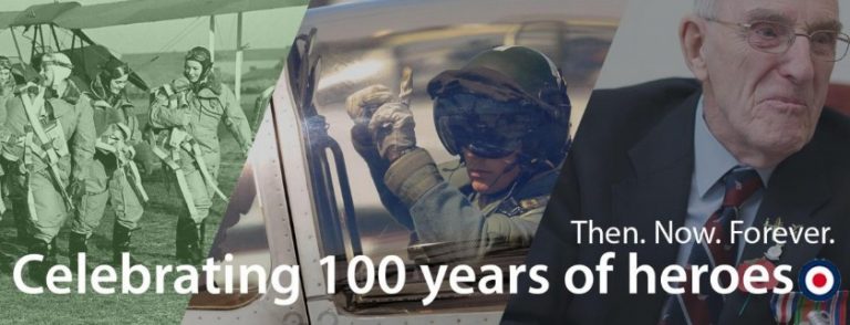Collage of military history: soldiers marching, RAF pilot in cockpit, and a veteran. Text reads, "Then. Now. Forever. Celebrating 100 years of heroes and the legacy of aviation history.