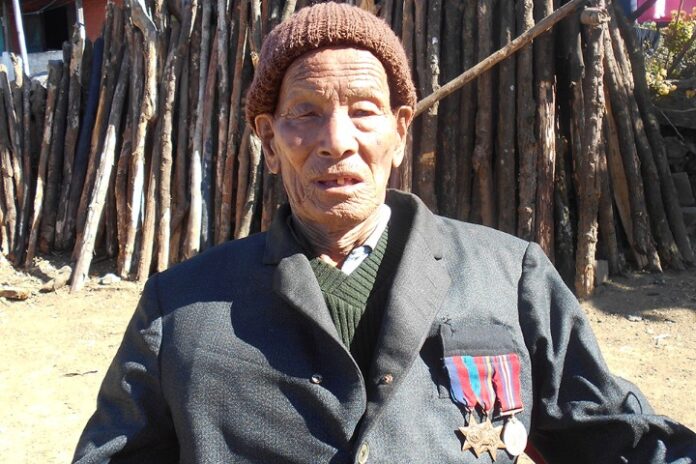 An elderly person, a proud Commonwealth veteran wearing a brown hat and dark coat adorned with medals, sits outdoors in front of stacked wooden logs.