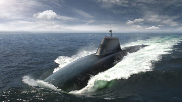 A £400m investment is evident as a submarine, potentially nuclear-armed, navigates the ocean, cloaked by waves under a brooding cloudy sky.