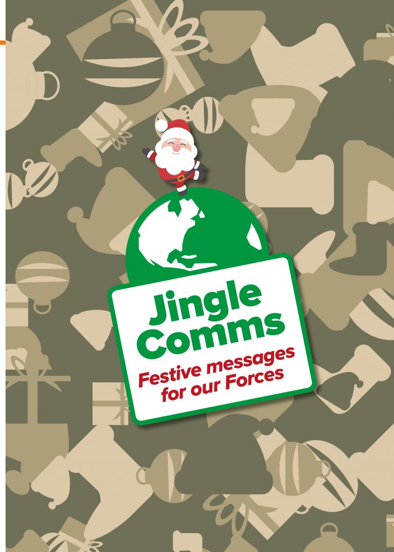 Illustrated festive military-themed background with a globe, Santa, and the text "Jingle Comms: Festive messages for our Forces" in the foreground, featured in the December issue of Pathfinder International.