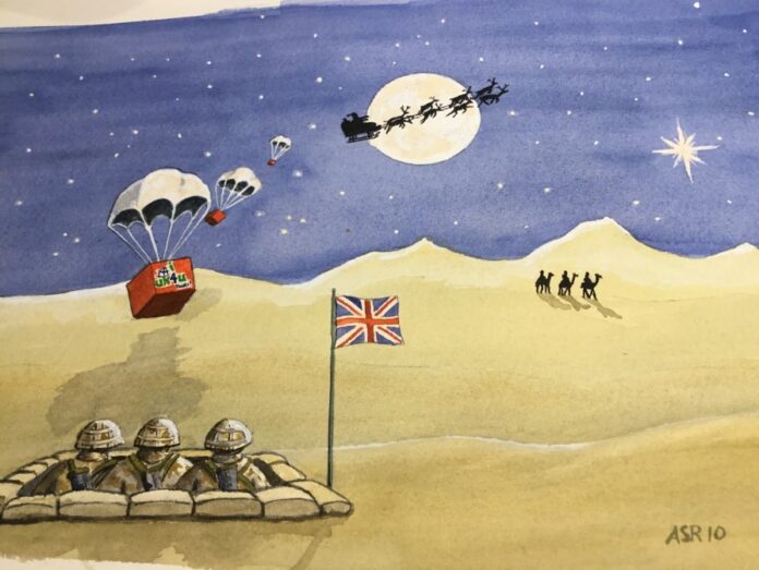 Santa in the sky, reindeer pulling his sleigh, soldiers in sandbags beneath a British flag; it's like a scene from a 2019 Christmas card. Airdropped gifts float down with parachutes as three camels cross the horizon under a starry night—a true masterpiece for any Christmas Card Competition.