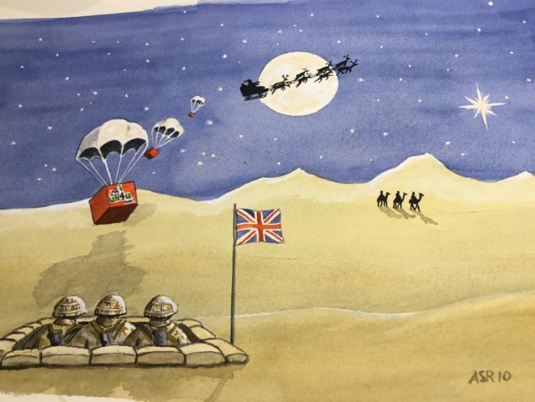 Santa in the sky, reindeer pulling his sleigh, soldiers in sandbags beneath a British flag; it's like a scene from a 2019 Christmas card. Airdropped gifts float down with parachutes as three camels cross the horizon under a starry night—a true masterpiece for any Christmas Card Competition.