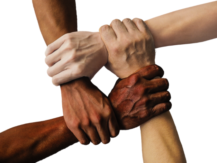 Four hands of diverse skin tones grip each other's wrists, forming a square that symbolizes a Connected Scotland.