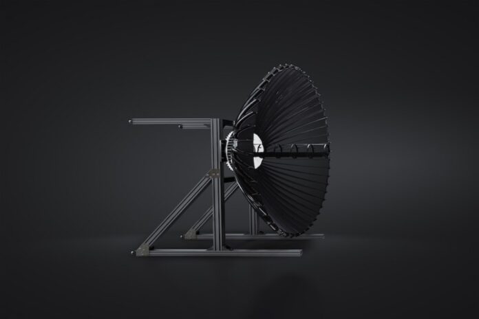 A pioneering side view of a large black satellite dish mounted on a metal frame against a dark background, showcasing cutting-edge space technology.