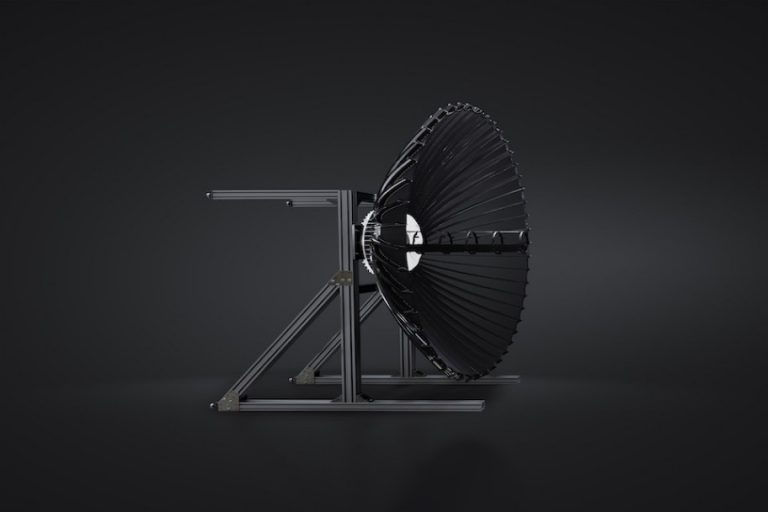 A pioneering side view of a large black satellite dish mounted on a metal frame against a dark background, showcasing cutting-edge space technology.