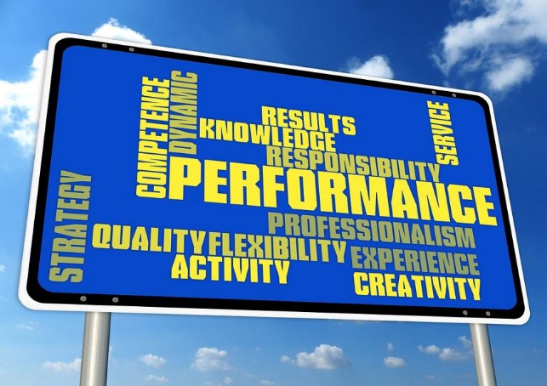 A word cloud on a billboard highlights Cobseo Launches Good Governance Tool, with "Performance" in prominent yellow text. Surrounding it are related terms like "strategy," "creativity," "results," and "knowledge" in vibrant blue and yellow hues.