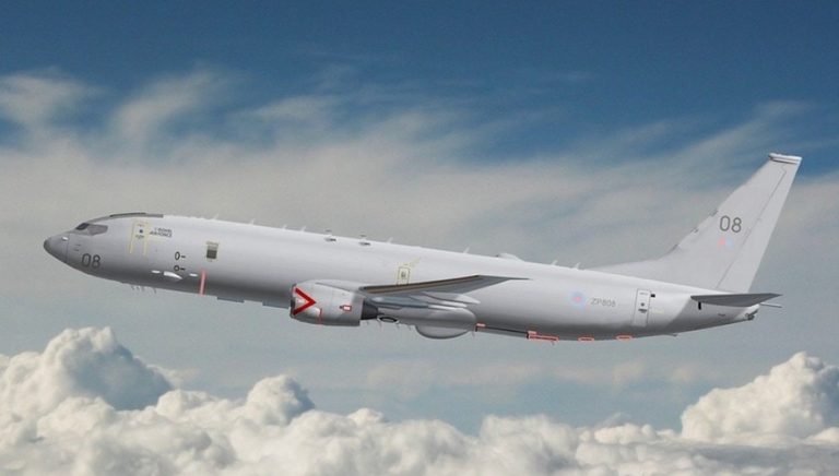 A sub-hunter aircraft soars through the sky in a new deployment, cutting a sleek silhouette against a backdrop of swirling clouds.