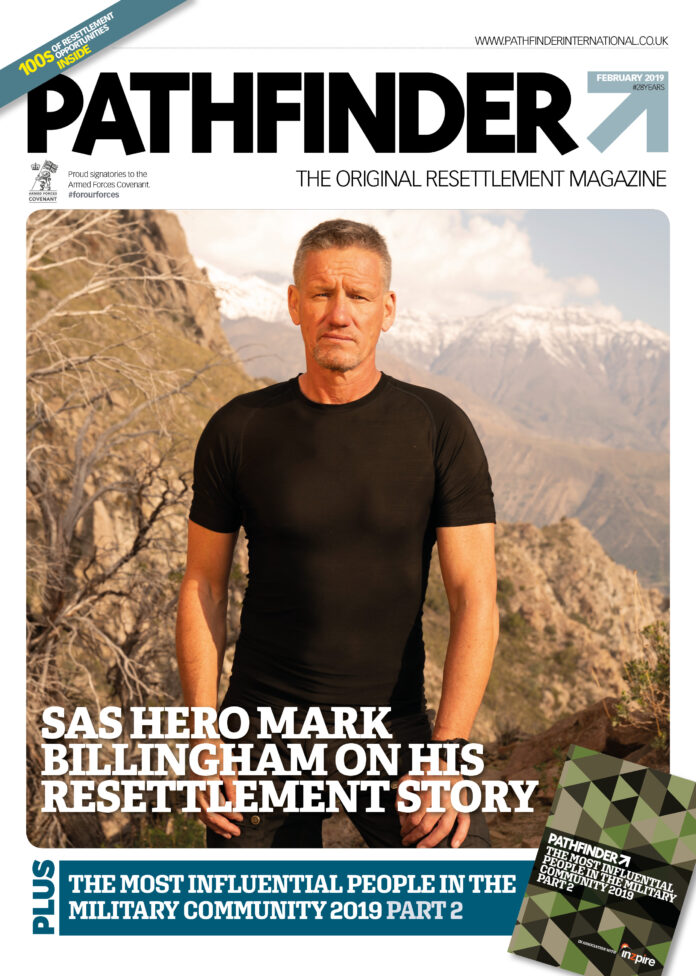 Magazine cover featuring a man standing outdoors with mountains in the background. Text highlights influential SAS hero Mark Billingham, a prominent figure in the military community, and mentions his 2019 resettlement story.