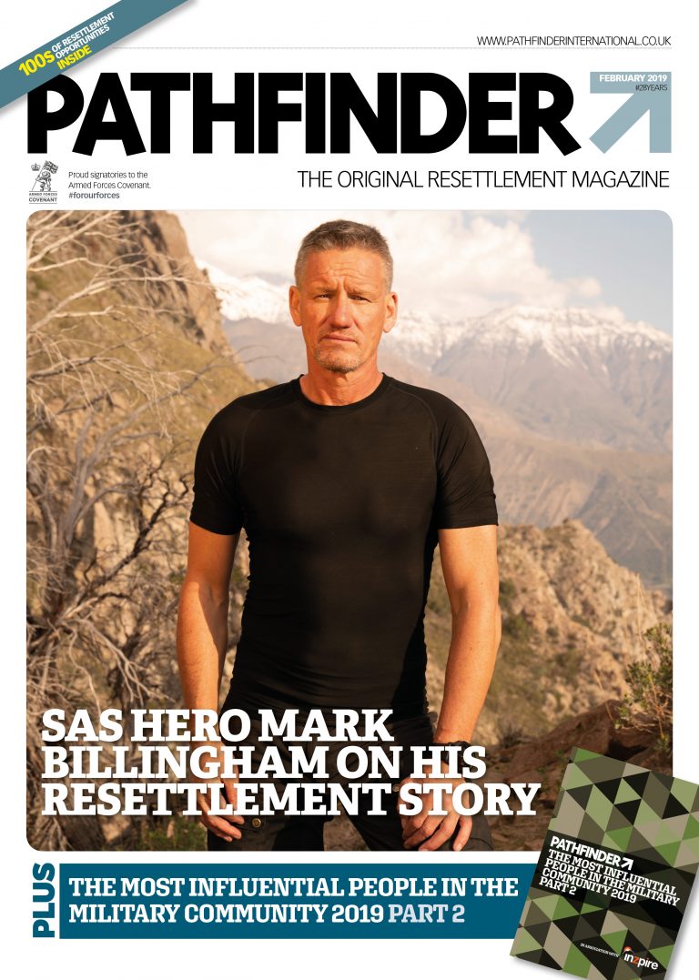 Magazine cover featuring a man standing outdoors with mountains in the background. Text highlights influential SAS hero Mark Billingham, a prominent figure in the military community, and mentions his 2019 resettlement story.