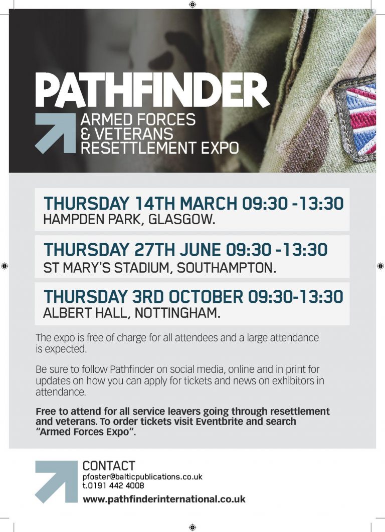 Join us at the Pathfinder Armed Forces & Veterans Resettlement Expo in Glasgow. Discover essential event details and contact information at the bottom. Don't miss your opportunity to navigate new beginnings!.