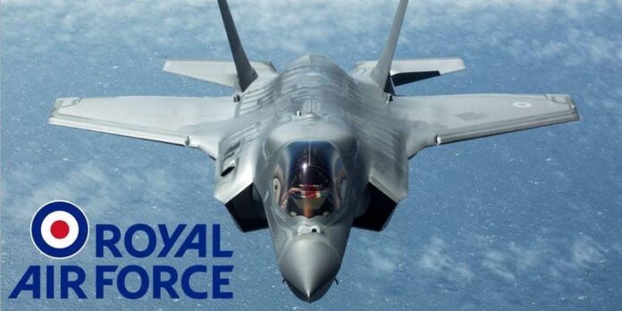 A Royal Air Force jet showcasing its remarkable capability as it soars through a cloudy sky, with the innovative RAF logo clearly visible in the foreground.