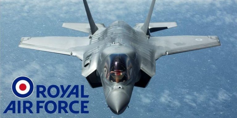 A Royal Air Force jet showcasing its remarkable capability as it soars through a cloudy sky, with the innovative RAF logo clearly visible in the foreground.